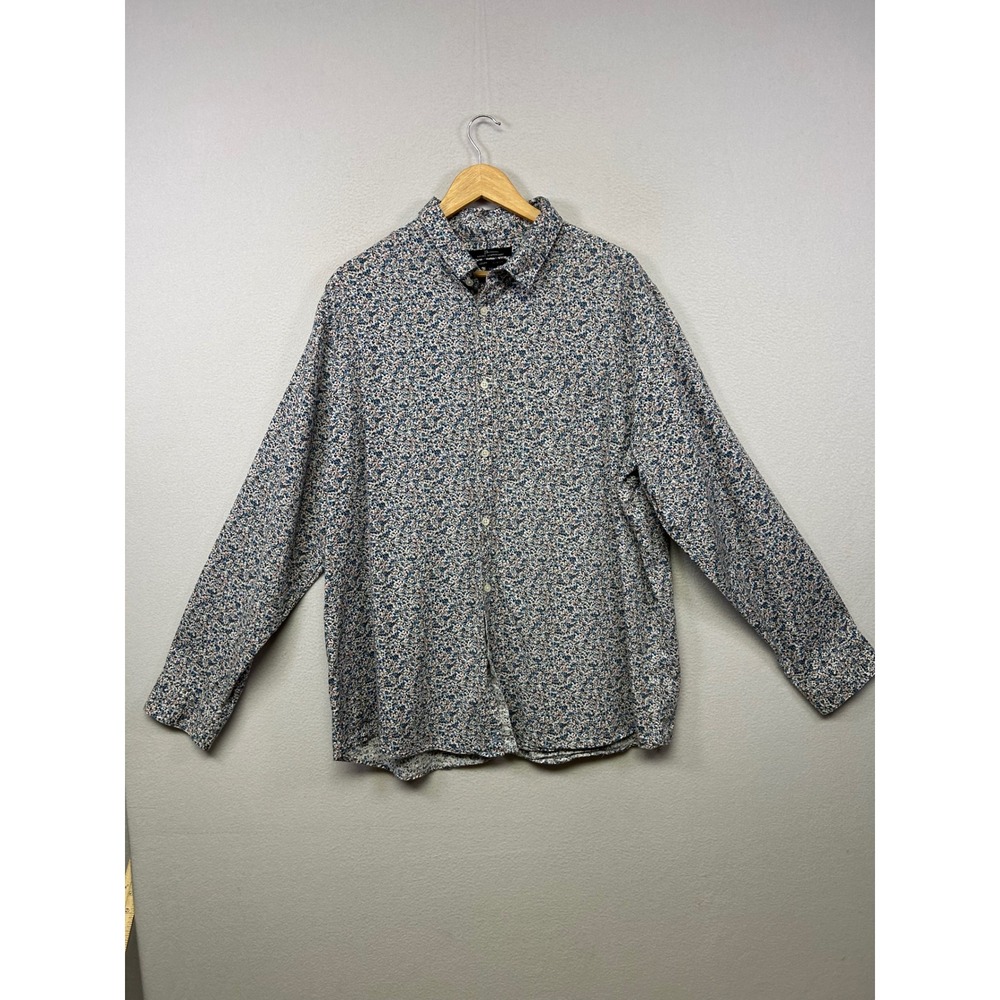 Marc Anthony Floral Coastal Linen Blend Mens XXL Blue Slim Fit Button Down Shirt